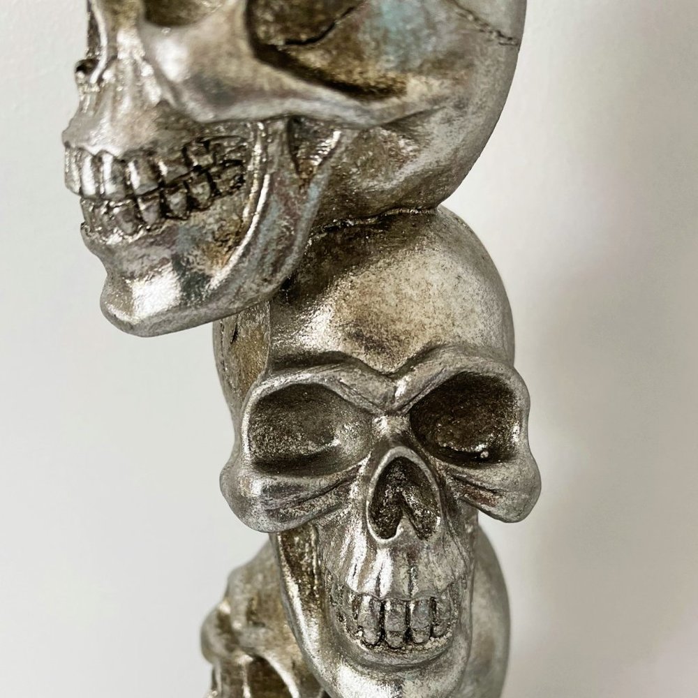 New Martha Stewart Halloween Stacked Skulls Candle Holder Metallic Silver Goth
